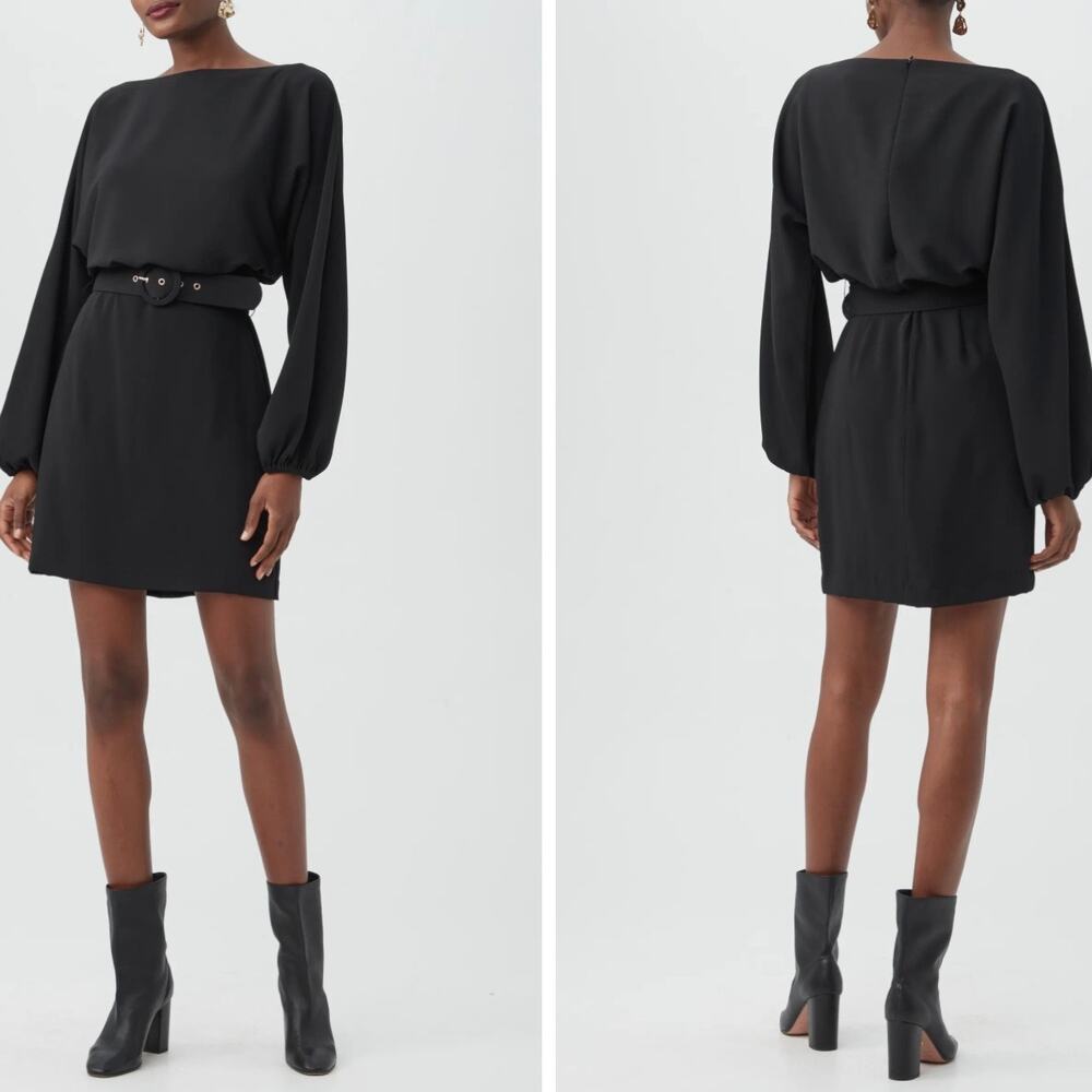 NWT Trina Turk Black Avory Blouson Boat Neck Long Sleeve Mini Sheath Dress Sz 10